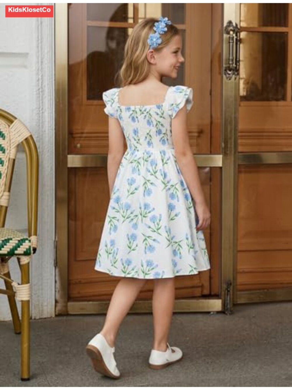 Girls Summer Dress Flutter Sleeve Smocked Back A-Line Twirl Midi Sundress - Picture 3 of 4